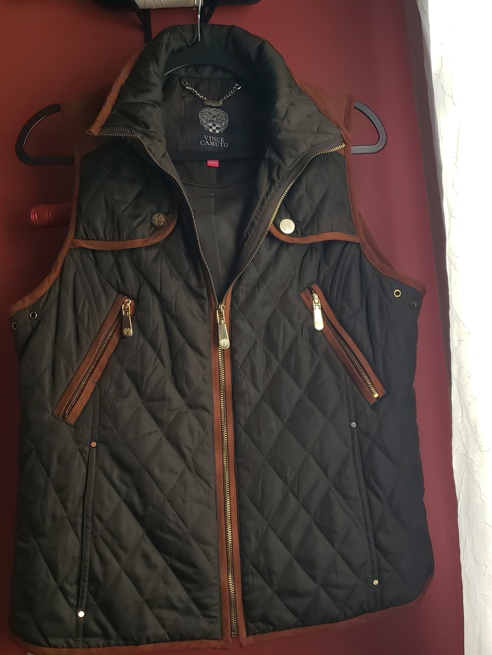 Vince Camuto Black Quilted Vest with Brown Trim